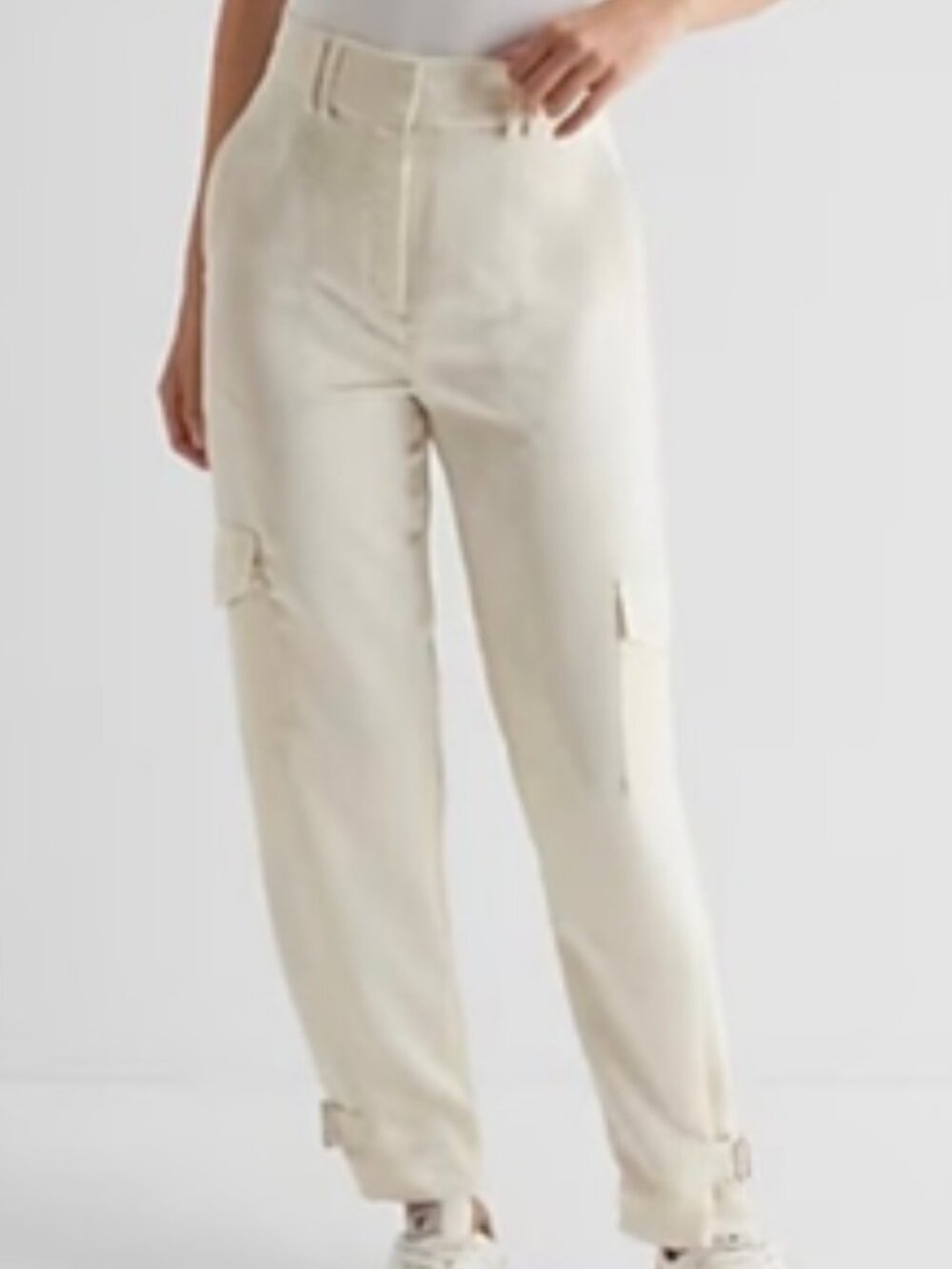 Express Ivory Satin Super High Rise Adjustable Buckle Hem Cargo Pant Sz 12 Long